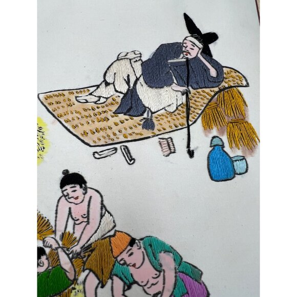 Vintage Korean Silk Embroidery Rice Harvest Scene With Yangban Overseer Panel - Picture 4 of 7